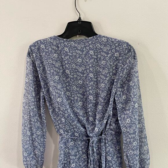Abercrombie & Fitch Dusty Blue Floral Chiffon Wrap Mini Dress Size Small - Picture 4 of 14